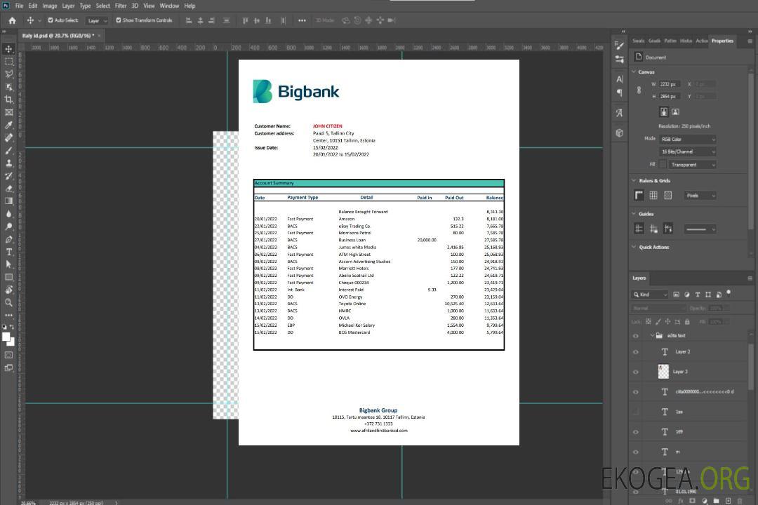 Relevé bancaire de la Bigbank d'Estonie template Relevé bancaire de la Bigbank d'Estonie template